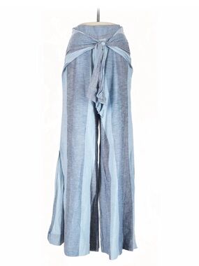 VENUS Light Blue & Denim-Blue Striped Wide Leg Trousers with Wrap Detail